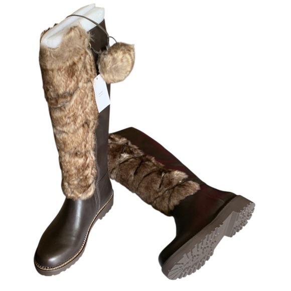 LANDSEND Women’s Lace Up Faux Fur Tall Leather Boots With Pom Poms, Zip Closure - Picture 5 of 13